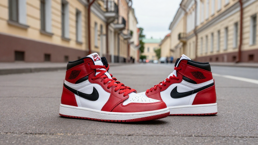 Кроссовки Nike Air Jordan 1 размещены на бетонной поверхности в Санкт-Петербурге