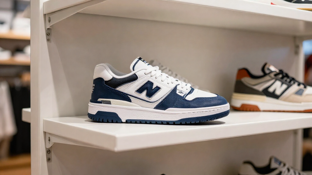 Обувная полка с моделями New Balance в современном бутике